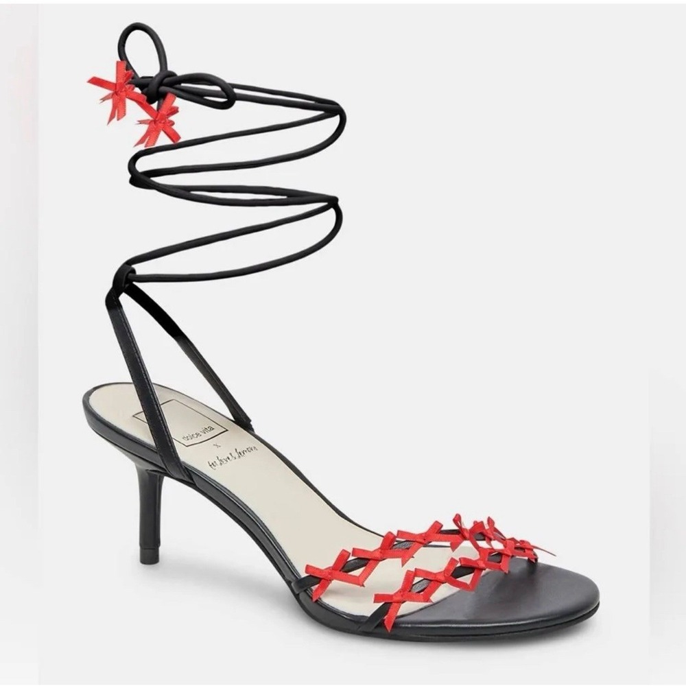 Dolce Vita x For Love & Lemons Amelie Strappy Black Red Bow Heels Sandals Sz 7.5